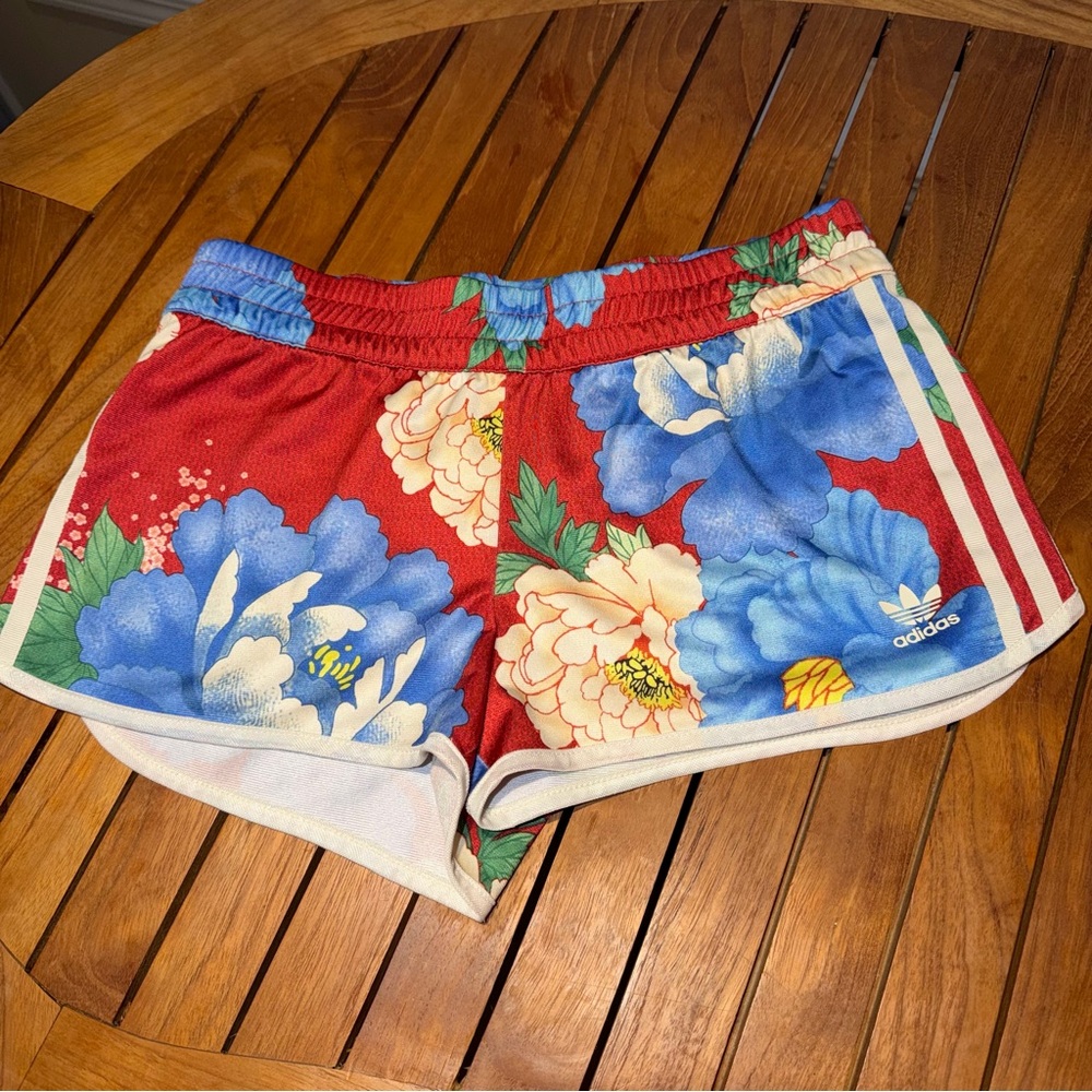 adidas Red Floral Athletic Shorts with Blue and Cream Flowers